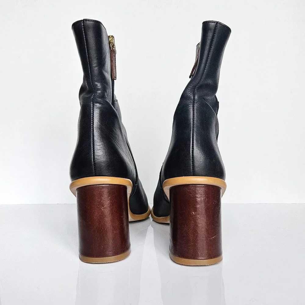 Alohas East Black Leather Square Toe Ankle Boots‎ Wood Block Heel Spain Size 41